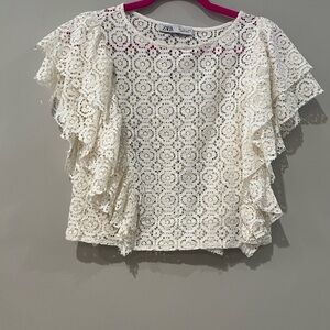 Zara Ivory Lace Flutter Sleeve Blouse